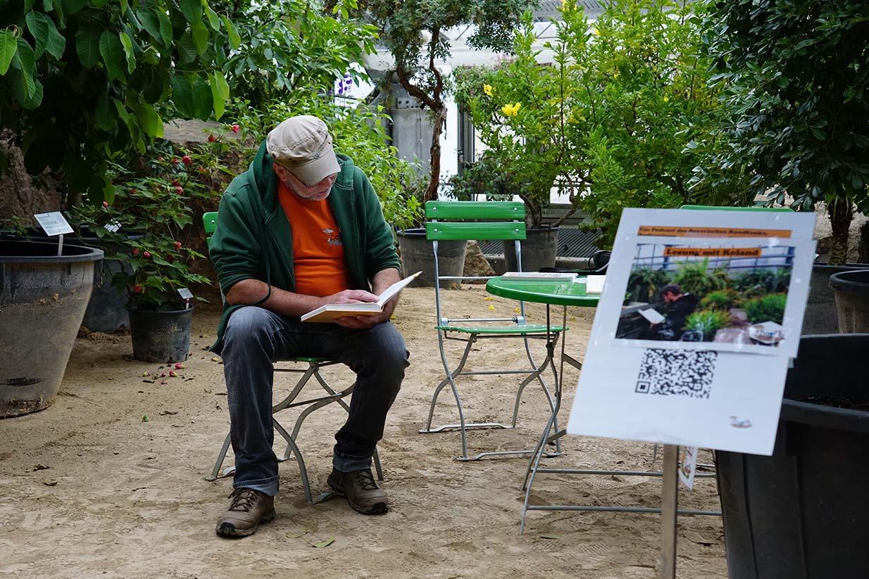 Mensch sitzt und liest aus einem Buch / große Topfpflanzen im Hintergrund